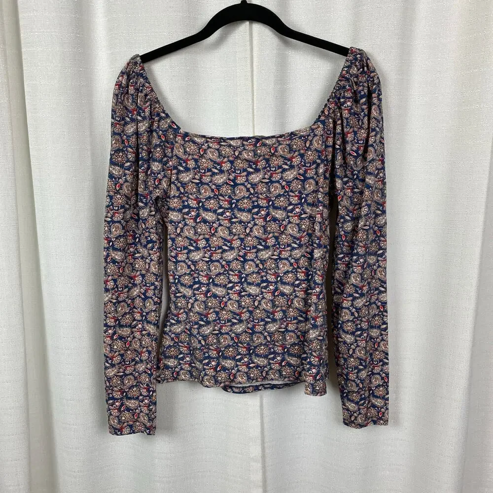 Boden Blue&Pink Paisley Puff Sleeve Sweetheart Neckline Jersey Top Sz.8